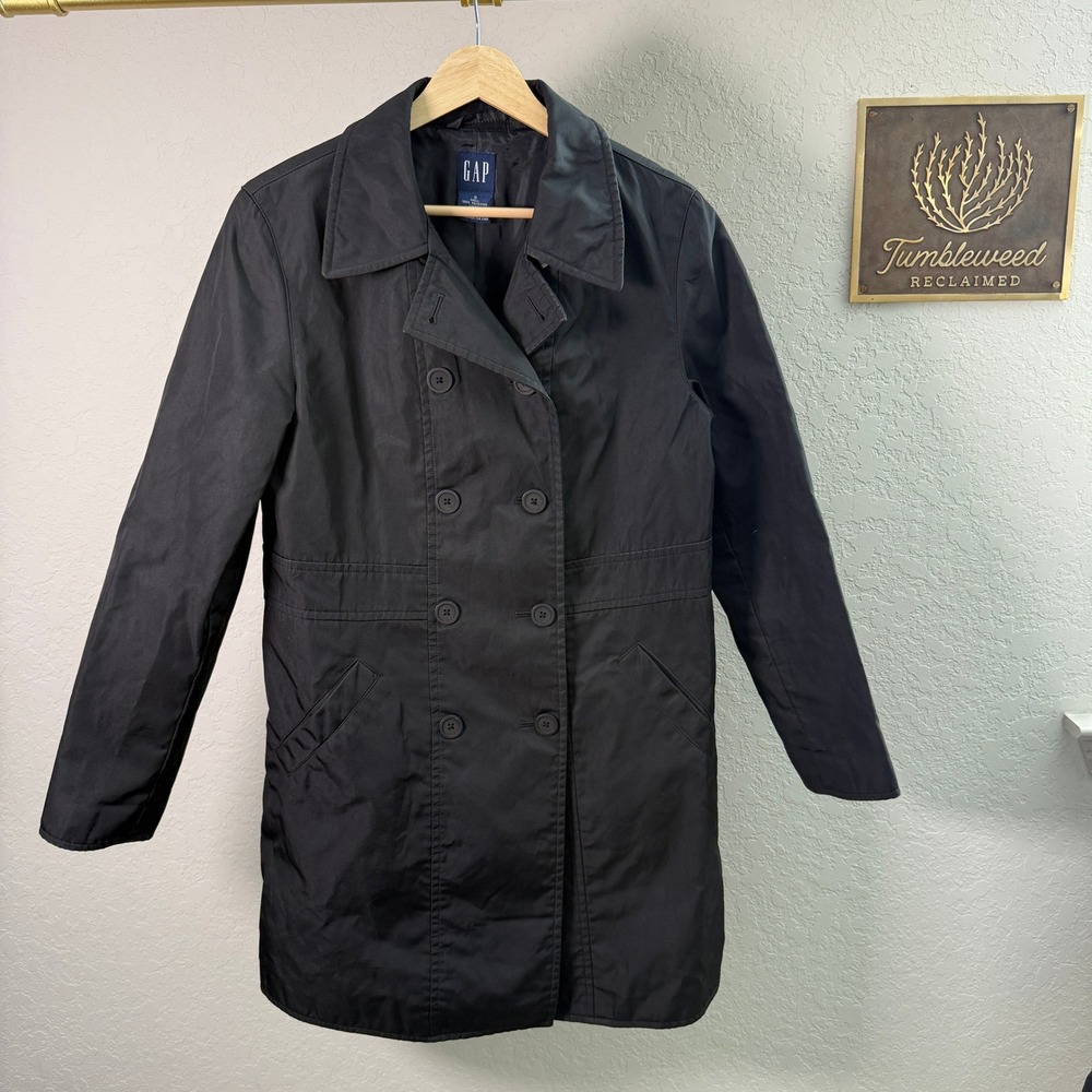 GAP Women Double Breasted Trench Coat‎ Black Polyester Size Small - Picture 2 of 9
